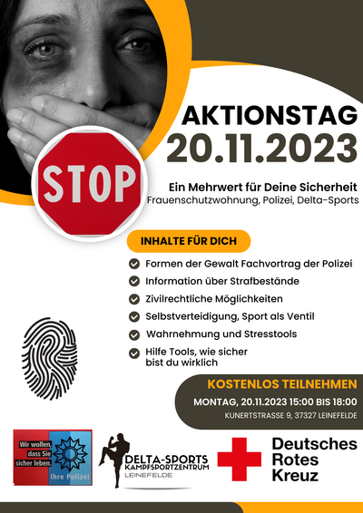 Plakat Aktionstag 20.11.23. Ein Mehrwert für deine Sicherheit - Es sind verschiedene Inhalte zum Thema Gewalt aufgeführt. Die Teilnahme ist kostenlos.